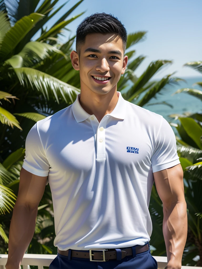 (Create a masterpiece: 1.2),(CGI art:1.3),(realistic:1.5),(After processing:1.3),(Sharp focus:1.3),10,1 man, smile, (Wear a navy polo shirt...), Navy cargo pants, Korean guy , korean men, (High gloss details), chest muscles, large arm muscles, blood vessel, Big muscles, Broad shoulders, looking at the audience, Balancing the eyes, rice field