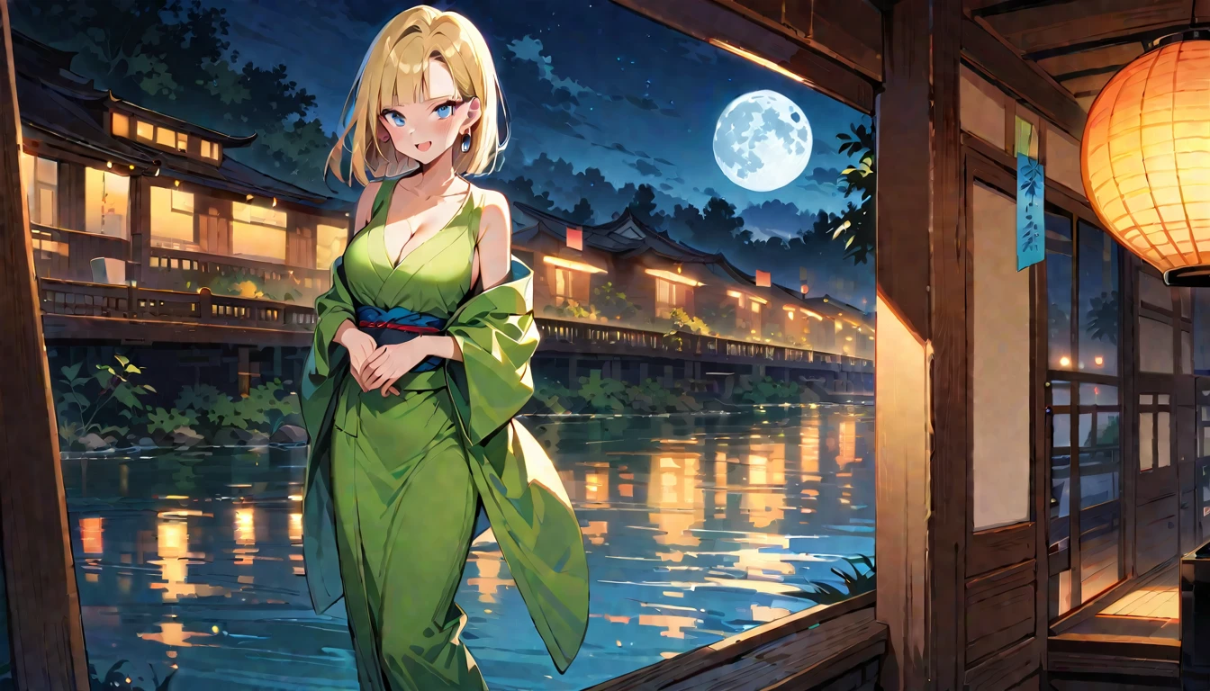 (masterpiece, best quality:1.2), 1girl, (solo), Android 18 from Dragon Ball, ((long kimono)), (standing), medium breasts, blunt bangs, short blonde hair, (blue eyes), earrings on earlobes, slim, slender feminine figure, skinny body, blush, sky, magnificent view, blur background, 4K, open mouth, river, hotel, smile, (own hands together), Tanabata, night, moon, collarbone, cleavage, Japanese sandals, outside, a strip of paper,