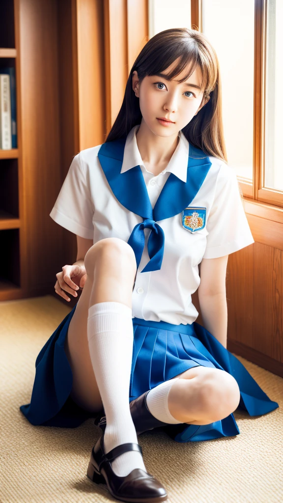 ulzzang-6500-v1.1, (Raw photo:1.2), (Photorealistic:1.4), Beautiful detailed girl, Very detailed eyes and face, Beautiful detailed eyes, Ridiculous, Incredibly ridiculous, Ultra detailed, High resolution, Very detailed, Best quality, Masterpiece, ((Japan girls' high school uniform)), In the classroom, by the window and outside the blue sky, unified, 8k wallpaper, fantastic, fine detail, masterpiece, top quality, highly detailed cg uniform 8k wallpaper,movie lighting, 16 year old girl, (dynamic pose))), (camel toe), (knee bending leg sitting))