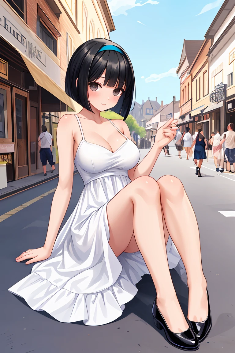 Black Hair　Beautiful breasts　clear　Short Bob　hair band　White dress　Beautiful feet　In town　Black shoes　summer