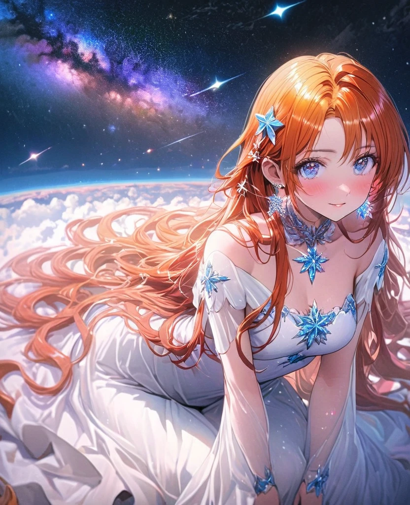 8K,gal，an extremely delicate and beautiful,Beautiful and realistic skin,Shiny jewel-like earrings,Long colorful hair,beautiful eyes,full body,head to toe,beautiful regs,orihime,beautiful milky way,beautiful tinkle stars ,Star of the sky
