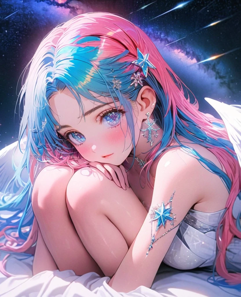 8K,gal,an extremely delicate and beautiful,Beautiful and realistic skin,Shiny jewel-like earrings,Long colorful hair,beautiful eyes,full body,head to toe,beautiful regs,orihime,beautiful milky way,beautiful tinkle stars ,Star of the sky