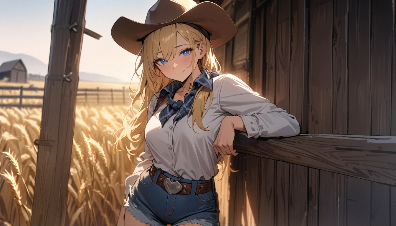 ((best quality)), ((masterpiece)), ((detailed)) woman, long blonde hair, bright blue eyes, soft smile, kind, pretty, cowgirl, cowgirl boots, western hat, flannel shirt tucked into jean shorts, cowgirl belt, bandana around neck, ranch hand, leaning against fence, wheat field, barn in distance 