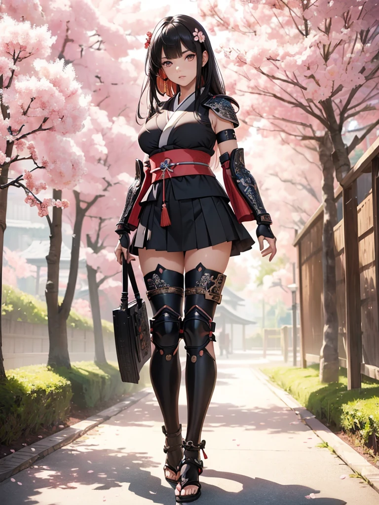 ((1girl, solo)), beautiful body, (perfect anatomy, perfect body, perfect hands, perfect legs), (five fingers:1.5), natural proportions, sexy body, (((large breasts))), cowboy shot BREAK
((extremely detailed face)), (beautiful detailed eyes:1.6), (realistic pupils, realistic iris:1), expressive eyes, looking at viewer, (clear eyes:1.3), (hyperrealistic:1.2), (detailed skin texture:1.2), smooth skin, (((mature female))), (black hair:1.5), (red eyes:1.3), long hair, (straight hair:1.5), (((bangs))), ((blunt bangs)), hair ornament, hair flower, (detailed lips:1.2), (attractive lips:1.1), (glossy lips:1.1), (parted lips), perfect face, perfect eyes BREAK
Samurai, japanese clothes, (short kimono:1.5), sleeveless, elbow gloves, (arm guard:1.5), (micro mini skirt:1.5), pleated skirt, black skirt, zettai ryouiki, thighs, black thighhighs, (greaves:1.3), skindentation, tassel, shimenawa BREAK
Outdoors, day, (spring:1.3), (((cherry blossoms))), nature, ((trees)), forest, (((ancient japan))), medieval fantasy BREAK
(masterpiece:1.5), anime-style, top quality, best quality, (beautiful and aesthetic:1.2), (ultra detail:1.5), Ultra-detailed depiction, Ultra-precise depiction, extremely detailed 8k illustration, high resolution, (highly detailed shading:1.2), (realistic lighting:1.4), perfect lighting, vibrant colors, dynamic tones, striking hues, 8k, absurd resolution, perfect shadows, hdr, UHD, ambient lighting, realistic, ultra-realistic, photo realistic, highly detailed, rich detail, luminous colors, fine texture, intricate design, professional illustration, (soft light:1.2), (illustration:0.7)