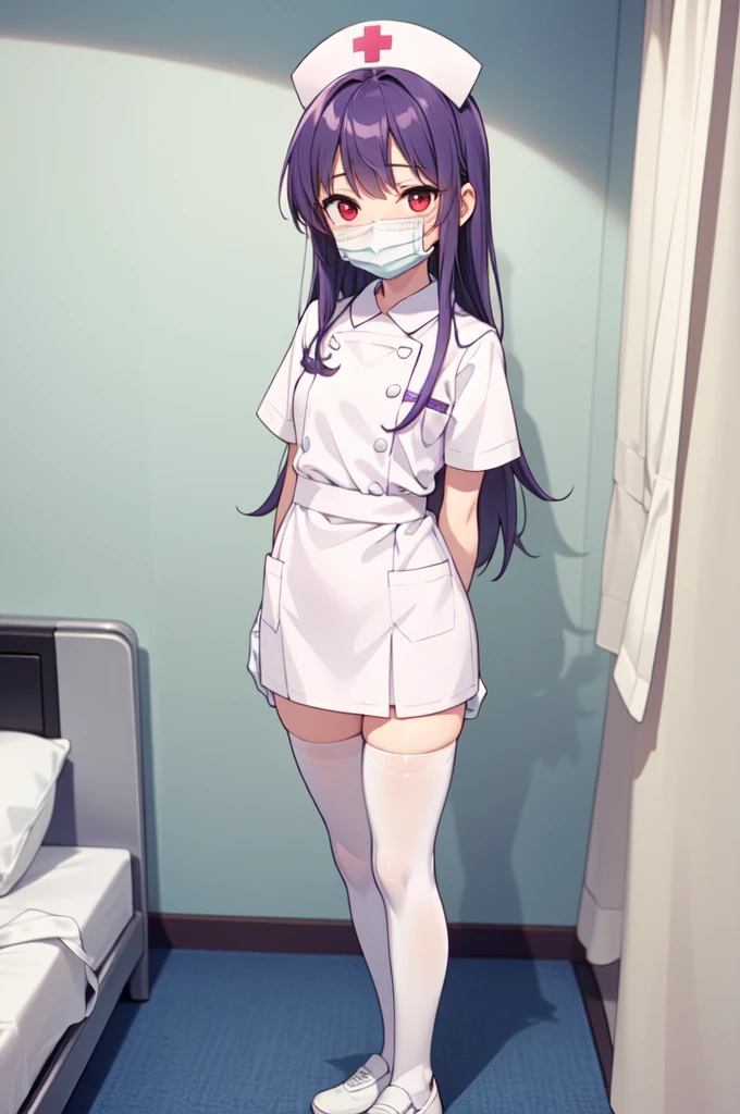 1boy, solo, male focus, nurse, white nurse cap, white nurse uniform, ((white legwear, zettai ryouiki)), white gloves, long hair, purple hair, red eyes, ((white surgical mask, covered nose)), standing, ((hospital room)), sharp outline, short sleeves, shota, , best quality, masterpiece