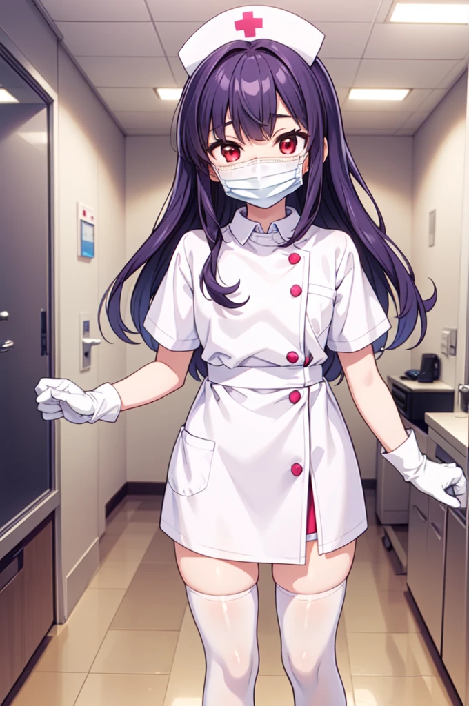 1boy, solo, male focus, nurse, white nurse cap, white nurse uniform, ((white legwear, zettai ryouiki)), white gloves, long hair, purple hair, red eyes, ((white surgical mask, covered nose)), standing, ((hospital room)), sharp outline, short sleeves, shota, 12 years old, best quality, masterpiece