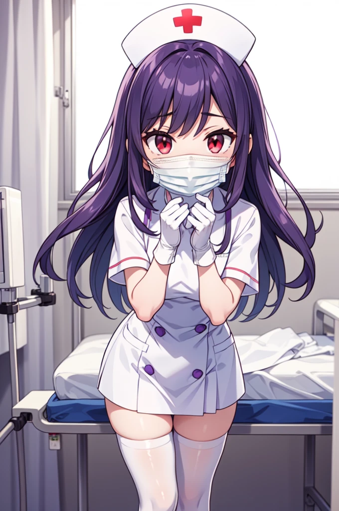 1boy, solo, male focus, nurse, white nurse cap, white nurse uniform, ((white legwear, zettai ryouiki)), white gloves, long hair, purple hair, red eyes, ((white surgical mask, covered nose)), standing, ((hospital room)), sharp outline, short sleeves, shota, 12 years old, best quality, masterpiece