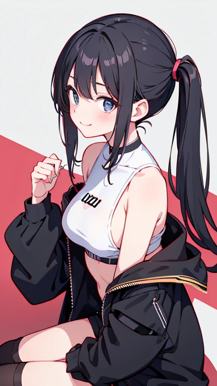 masterpiece,Anime Style,Little,Sexy Girl,Black Hair,Shoulder-length hair tied in two pigtails,Black jacket,With headphones,Lo-fi Background,smile,Big Breasts,listen to music,Waiting on the right side of the picture,