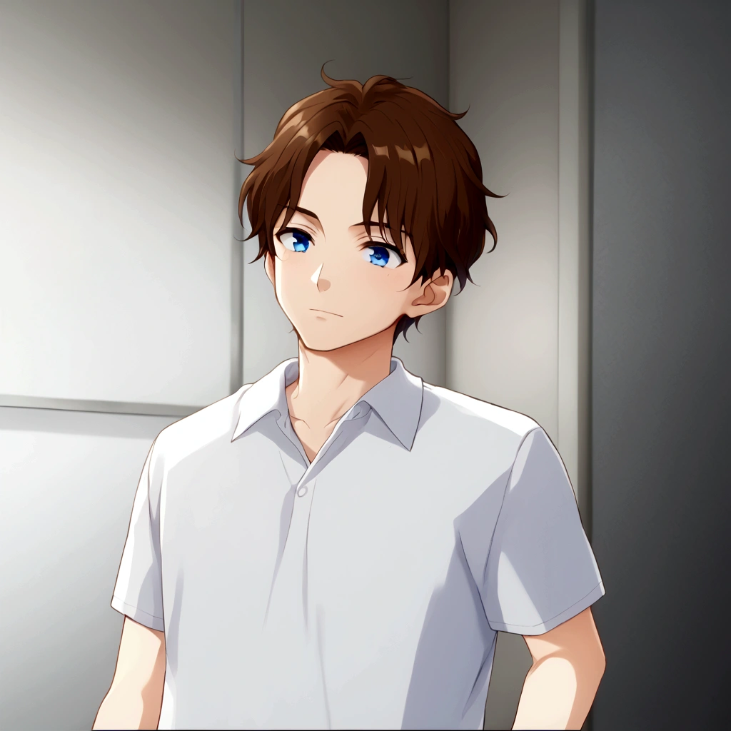 blue eyes and brown hair、Anime boy in a white shirt, Tall anime guy with blue eyes, Semi-realistic anime, In games, Smooth anime CG art, Anime Handsome Man, Semi-realistic anime, main character, Inspired by Hisui Sugiura, Male Anime Characters, He has short, curly brown hair, Visual Novel CG, Male characters, Young Anime Guy