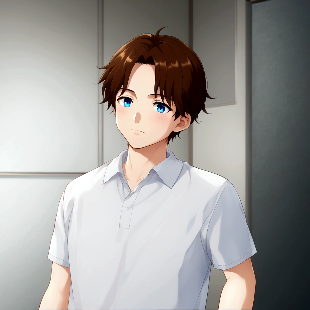 blue eyes and brown hair、Anime boy in a white shirt, Tall anime guy with blue eyes, Semi-realistic anime, In games, Smooth anime CG art, Anime Handsome Man, Semi-realistic anime, main character, Inspired by Hisui Sugiura, Male Anime Characters, He has short, curly brown hair, Visual Novel CG, Male characters, Young Anime Guy