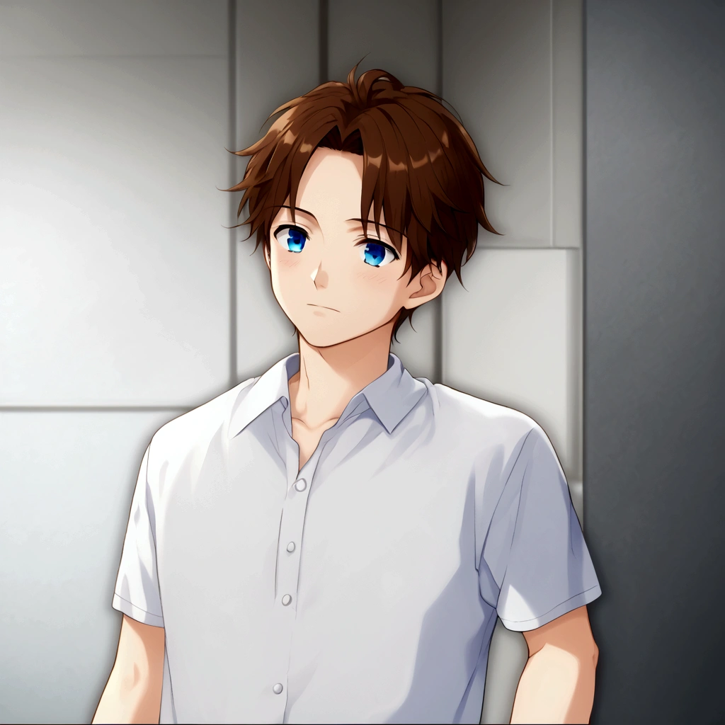 blue eyes and brown hair、Anime boy in a white shirt, Tall anime guy with blue eyes, Semi-realistic anime, In games, Smooth anime CG art, Anime Handsome Man, Semi-realistic anime, main character, Inspired by Hisui Sugiura, Male Anime Characters, He has short, curly brown hair, Visual Novel CG, Male characters, Young Anime Guy