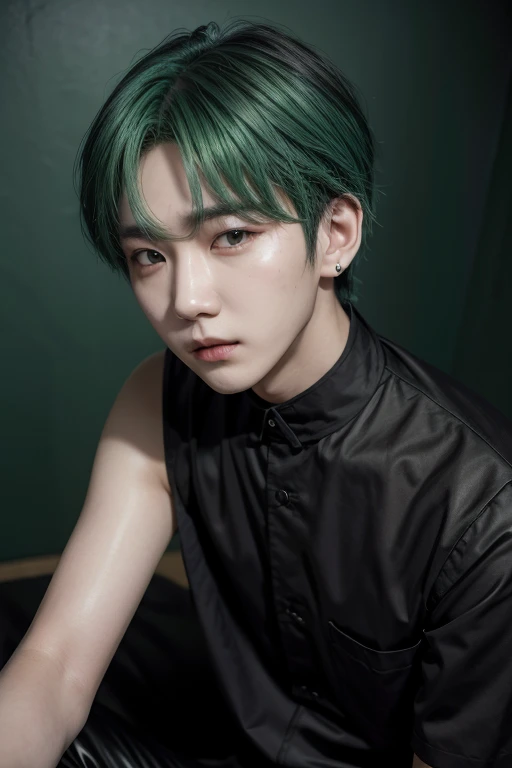 Suga from korean group bts with green mint hair dressed in black colour.