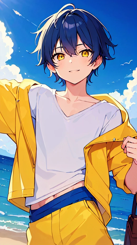 [(SUMMER night BACKGROUND:1.5),::5], ((((masterpiece)))), high quality, very_high_resolution, large_filesize, upper body, full color, ((Solo)), ((little boy)), 13 old year, men's short deepblue hair, vivid color, ((yellow eye)), Summer clothes white, animestyle, light smile