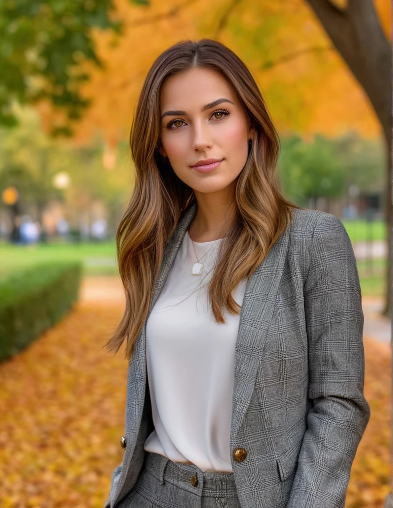 A photorealistic portrait of a 22-year-old American woman with sleek hair and warm brown eyes, dressed in a chic, modern outfit. She is captured in a full body shot, 8k hdr, with high detail and quality. The setting is a vibrant park during early autumn, with colorful leaves enhancing the background. Her expression is relaxed and friendly, and she is bathed in the soft, diffused light of an overcast day, adding a serene atmosphere to the image