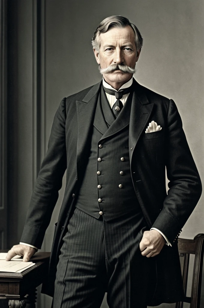David Canning, President of Vestalis in 1878, Wearing a suit, library background, 64 years old, with a mustache like Kaiser Wilhelm II.