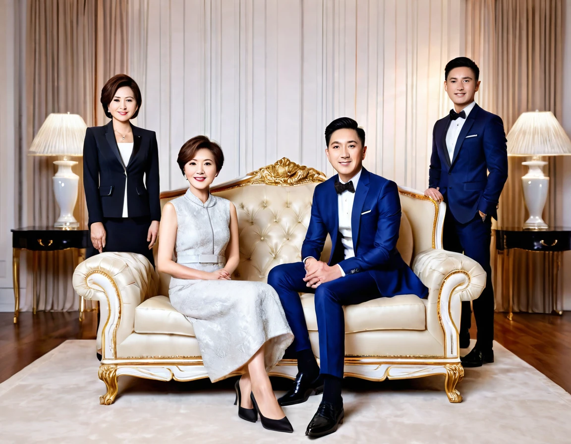 family portrait, medium long shot, asian, 45 year old mother on the left, wear elegant dress, 20 year old girl on the middle, short hair, wear elegant dress, 23 year old boy on the right, wear elegant suit , they aall sitting on an elegant sofa, taken in a bright living room studio with white lighting, SUPER DETAILED, realistic, ultra HD, 8K.