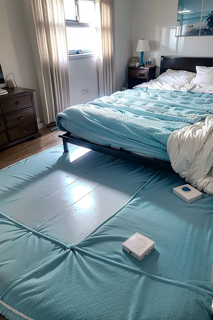 The magic circle is glowing pale blue on the floor of the room.、Bedroom、futon、dim