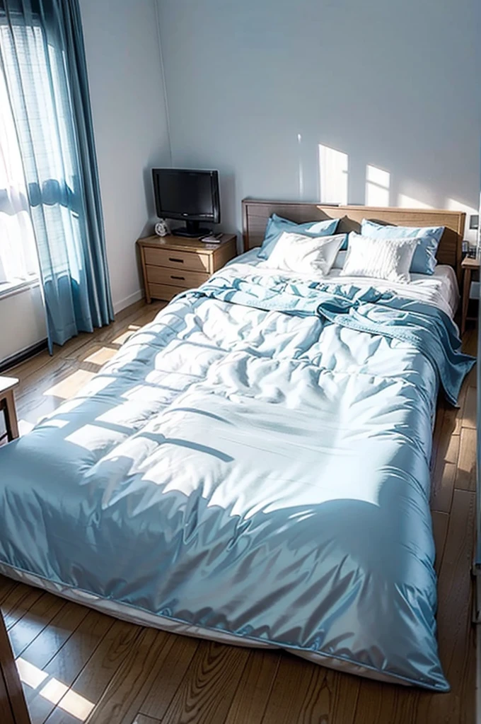 The magic circle is glowing pale blue on the floor of the room.、Bedroom、futon、dim