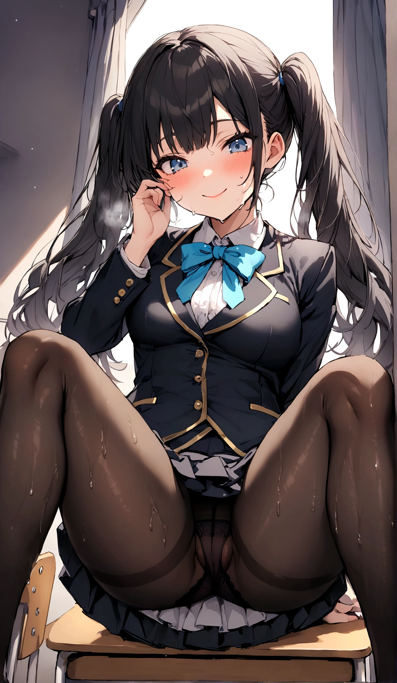 Gal High School Girl、One girl in a mini skirt, Spread your legs wide、Looking down at the viewer, Twin tails, Highest quality, Focus on the thighs,, smile, blazer, blouse, Black Pantyhose, panties under pantyhose, , classroom, Black Hair,My thighs are steaming between the legs 、Sweaty pantyhose、My feet are stuffy、Stomping on a man's face