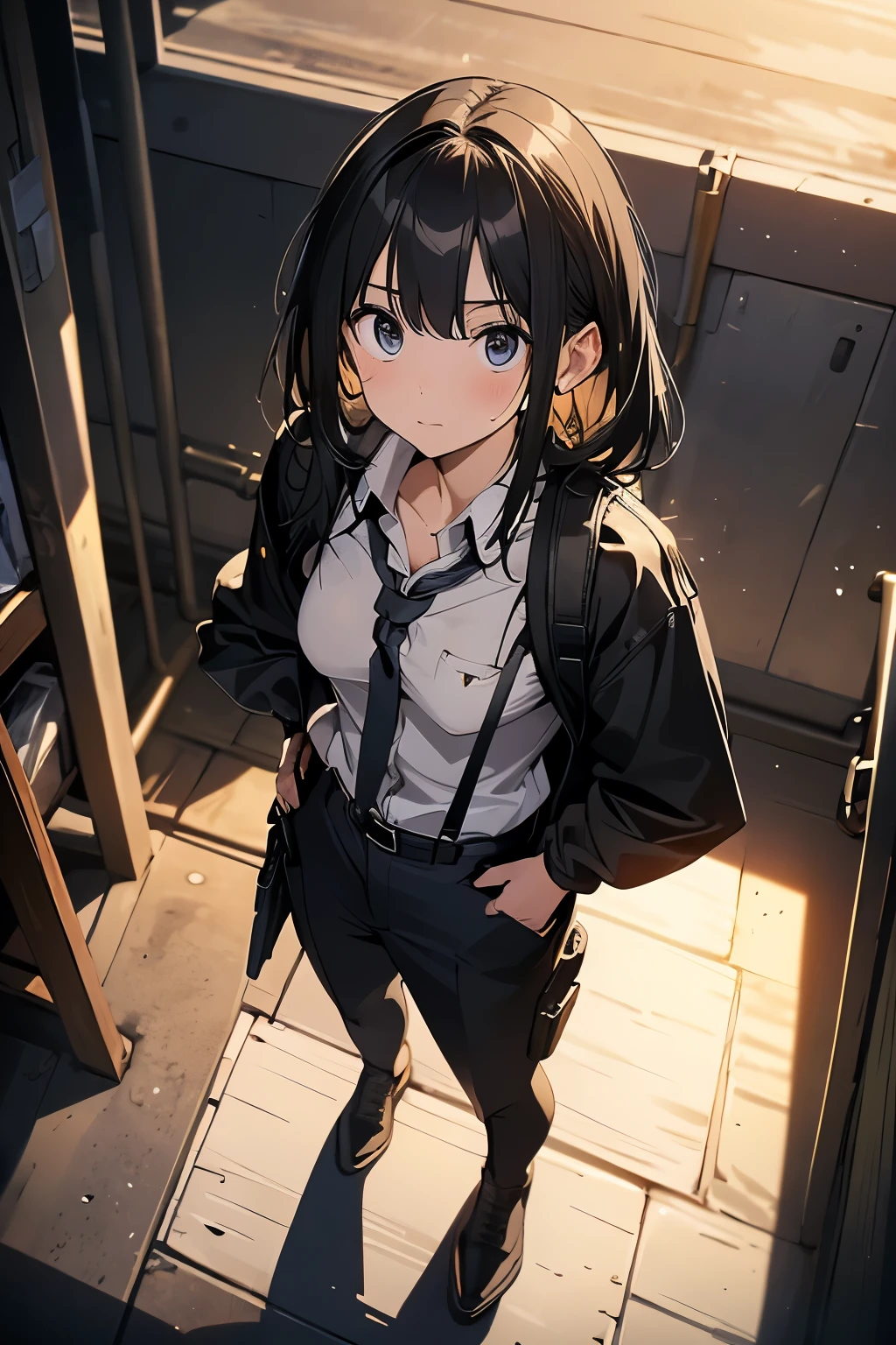 high quality, masterpiece, Ultra-high resolution, (realism: 1.4), Oil painting style, Cinema Lighting, An endless grassland dotted with a few houses, I stood on the empty asphalt road and looked at it., Fairy Mountain々was shrouded in mist, And the suspenders with the cranes flying Moderate breasts Small face holster Lying in bed Looking up Sweat belt summer 脇Sweat Black Hole Gloves suit shirt Black jacket Black trousers Leg Links ズボンにbelt holster Hands behind your back Anxious expression Looking up Anxious face