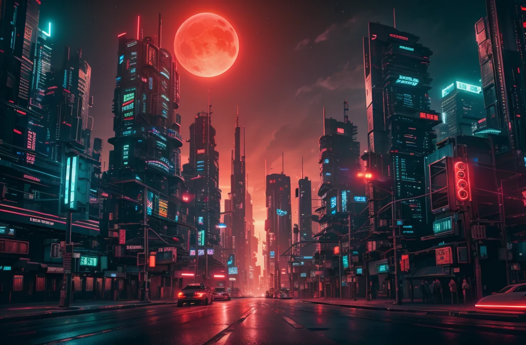 cyberpunk city, neon light, ight, HDR, futuristic building, red light, red moon, red theme, traffic light, 4k resolution, landscape
