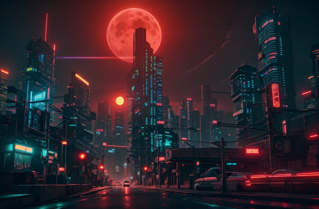 cyberpunk city, neon light, ight, HDR, futuristic building, red light, red moon, red theme, traffic light, 4k resolution, landscape
