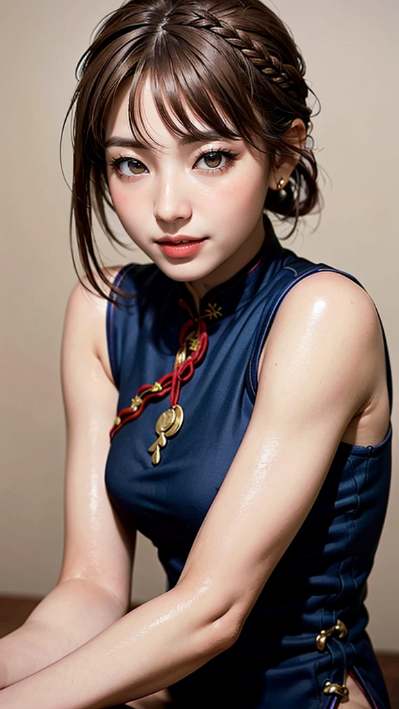 Realistic, masterpiece, Highest quality, Highest Resolution, Anatomically correct, Accurate Anatomy, One Japanese woman, Smile, Fine and beautiful eyes, iris, Sparkling eyes, Thin eyebrows, Gives lashes a delicate finish, False eyelashes, Chinese traditional makeup, (Braided hair, Blunt bangs, Brown Hair:1.2), Detailed face, Sharp Eyes, Chin up, Open your mouth, Cheeks pink, (Classic navy blue cheongsam, No sleeve, Lavish decoration:1.3), Upper body photo, Leaning forward, Blank background in warm colors