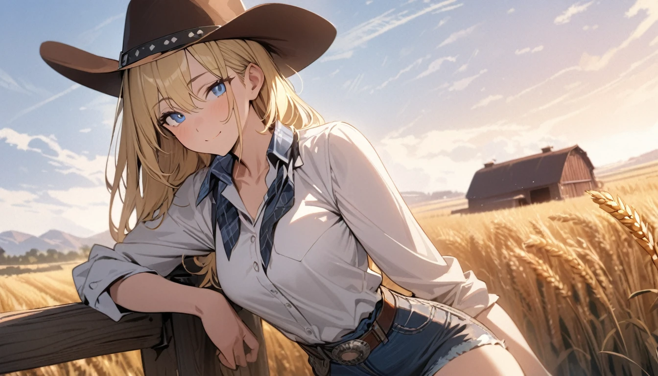 ((best quality)), ((masterpiece)), ((detailed)) woman, long blonde hair, bright blue eyes, soft smile, kind, pretty, cowgirl, cowgirl boots, western hat, flannel shirt tucked into jean shorts, cowgirl belt, bandana around neck, ranch hand, leaning against fence, wheat field, barn in distance 