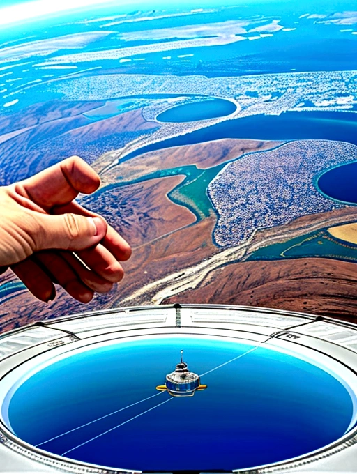A picture of looking down at the earth from thousands of miles high,In the center of the picture, there is a pillar that reaches straight to the heaven.