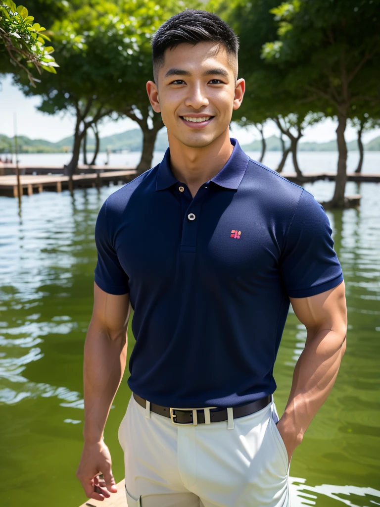 (Create a masterpiece: 1.2),(CGI art:1.3),(realistic:1.5),(After processing:1.3),(Sharp focus:1.3),10,1 man, smile, (Wear a navy polo shirt...), Navy cargo pants, Korean guy , korean men, (High gloss details), chest muscles, large arm muscles, blood vessel, Big muscles, Broad shoulders, looking at the audience, Balancing the eyes, rice field