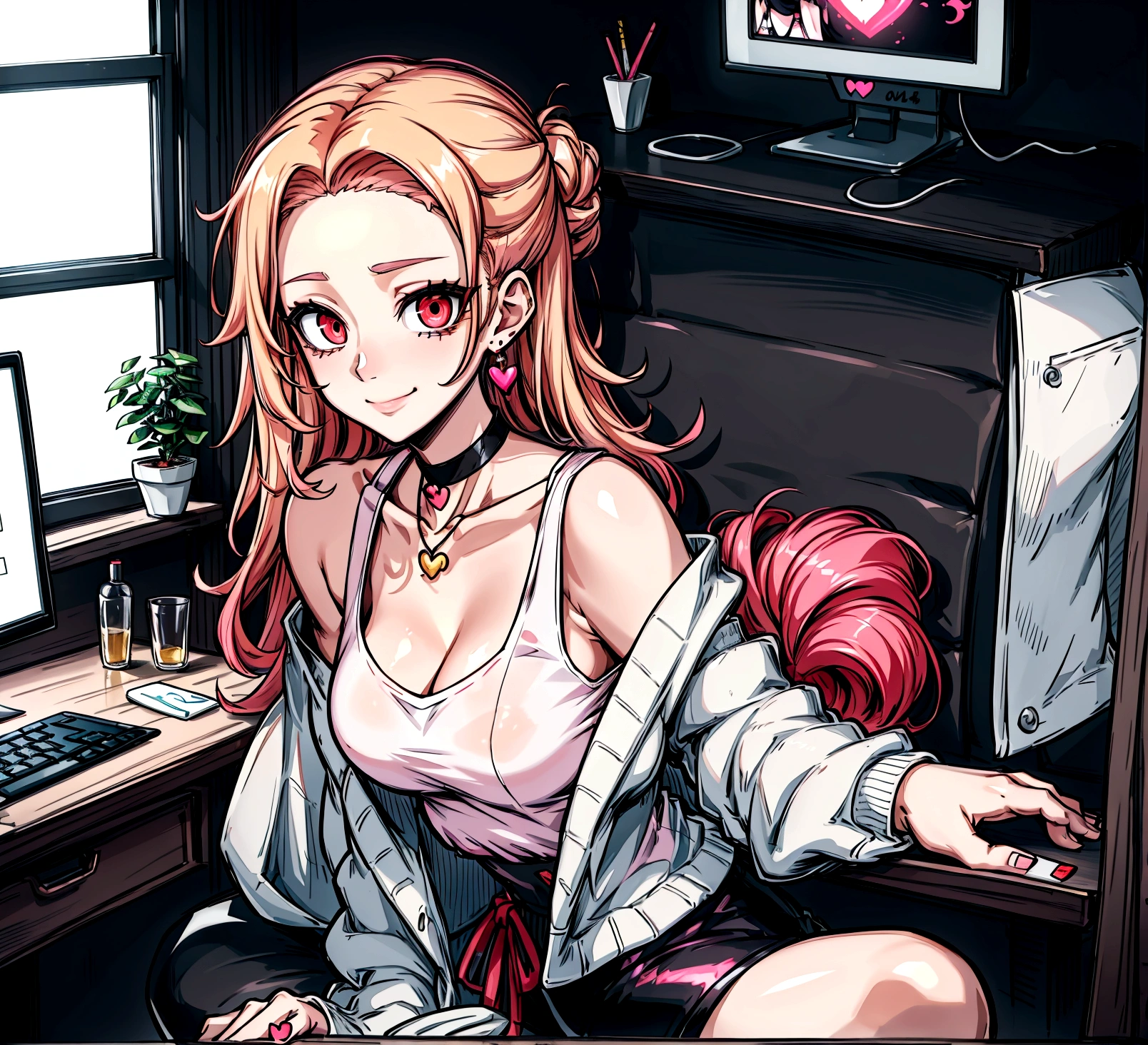 ((최고의 품질)), ((걸작)), (상세한), 여자 1명, Create an anime-style digital artwork of a character with long, straight, sleek blonde hair and bright red eyes. The character is wearing a white cardigan over a black tank top and dolphin shorts. She is accessorized with a pink heart pendant choker and long, decorative earrings. Her hair features a red heart hairpin on the side. The character is sitting in her room in front of a desktop computer, smiling warmly. The background should show a cozy room with soft lighting, with elements like a computer desk, monitor, and some personal items scattered around. The overall mood should be relaxed and inviting, capturing the essence of a casual day indoors.shiny forehead,slicked-back hair, forehead