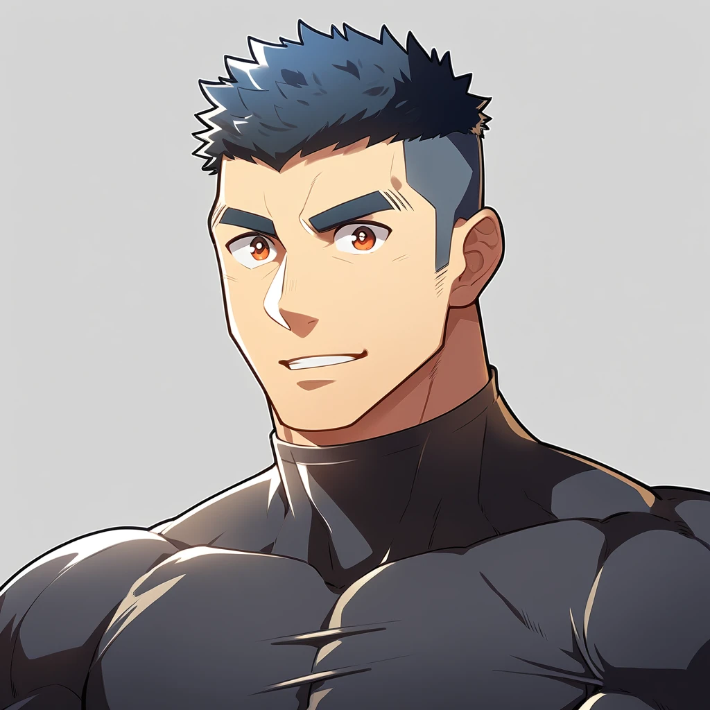 anime characters：Gyee, Muscle Sports Student, Manliness, male focus, Cute boy with big eyes, Mike White high collar long sleeve tight T-shirt, Slightly transparent material, Very tight, Round, full and perky chest muscles, Slightly transparent, muscular male, muscular, only, Upper body, alone, Black short hair, Thick eyebrows, stubble, Cute little eyes, Brown-red pupils, Grey background, simple background, amazing quality, best aesthetics, Ridiculous, crew cut, parted lips, seductive smile, torogao, naughty face, drop shadow, best quality