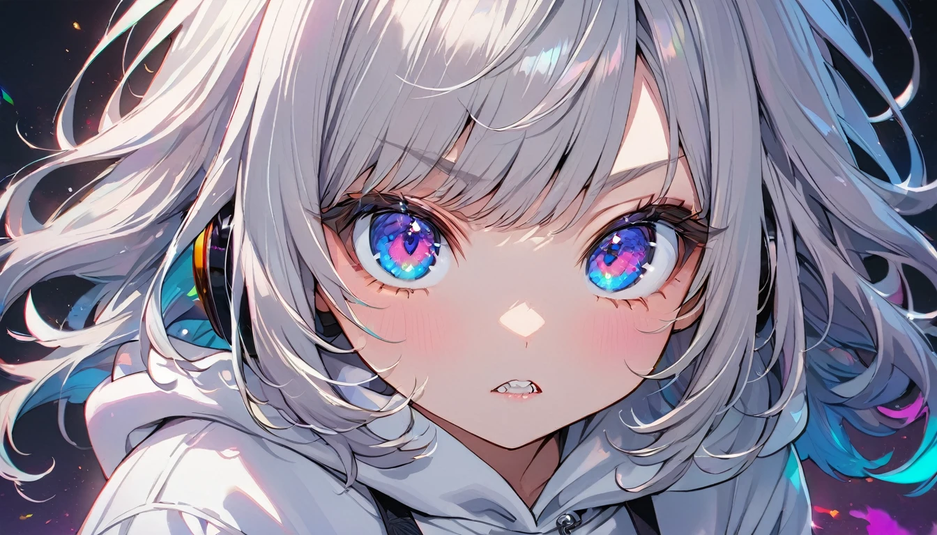 ((Masterpiece)), ((best quality)), (Anime:1.3), (super detail:1.2), (High Definition:1.3), (Professional Photography:1.3), cute young Girl, Glossy unruly hair, (loose swept bangs), (silver ash hair), medium hair, big eyes, (Eye bags:1.3), (Long eyelashes), colorful eyes, (serious), Glossy lips, (jagged teeth), ((white hoodie with oversized)), barearms, cute, (using a Balance:1.5), (colorful:1.3), gothic makeup, wearing headphones,(cowboy shot:1.5),