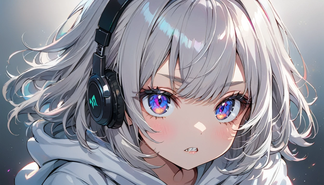 ((Masterpiece)), ((best quality)), (Anime:1.3), (super detail:1.2), (High Definition:1.3), (Professional Photography:1.3), cute young Girl, Glossy unruly hair, (loose swept bangs), (silver ash hair), medium hair, big eyes, (Eye bags:1.3), (Long eyelashes), colorful eyes, (serious), Glossy lips, (jagged teeth), ((white hoodie with oversized)), barearms, cute, (using a Balance:1.5), (colorful:1.3), gothic makeup, wearing headphones,(cowboy shot:1.5),