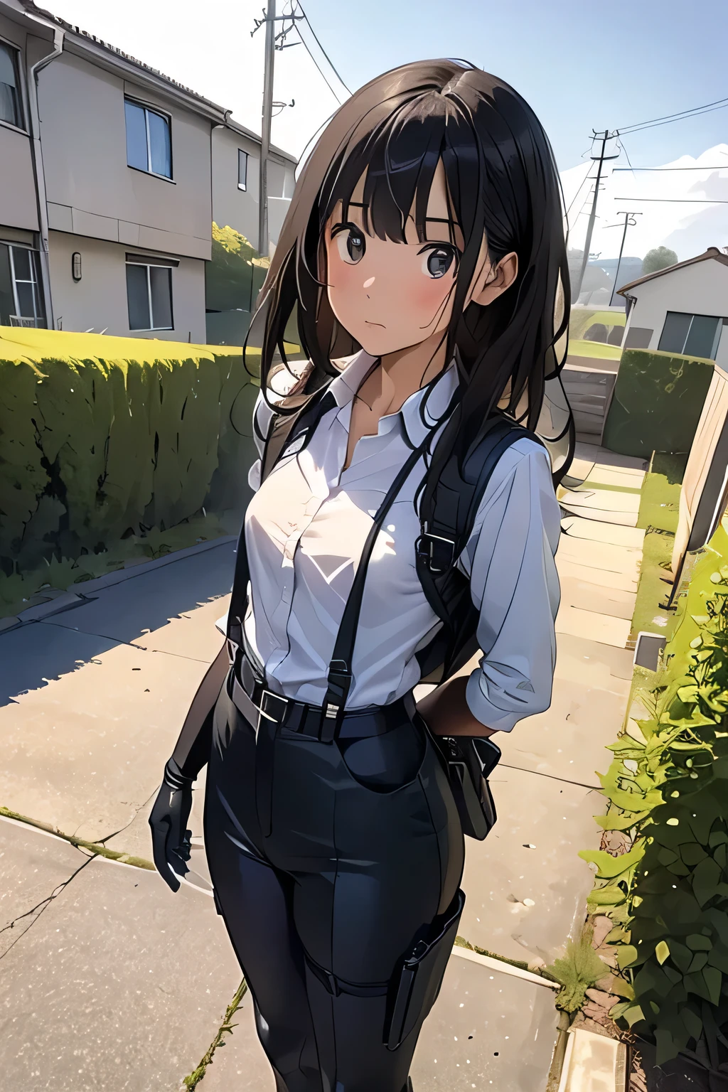 high quality, masterpiece, Ultra-high resolution, (realism: 1.4), Oil painting style, Cinema Lighting, An endless grassland dotted with a few houses, I stood on the empty asphalt road and looked at it., Fairy Mountain々was shrouded in mist, And the suspenders with the cranes flying Moderate breasts Small face holster Beautiful woman Lying in bed Looking up Sweat belt summer 脇Sweat Black Hole Gloves suit shirt Black jacket Black trousers Leg Links ズボンにbelt holster Nipples showing through clothes, caught Hands behind your back Anxious expression Looking up Anxious face