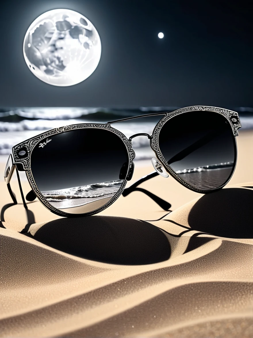 a low angle shot of a pair of sunglasses on the sand of a beach, waves in the background, full moon night, the sunglasses reflecting the moon, black and white lineart, high contrast, dramatic lighting, cinematic, minimalist, detailed texture, intricate design, moody atmosphere, photorealistic, 8k, masterpiece
