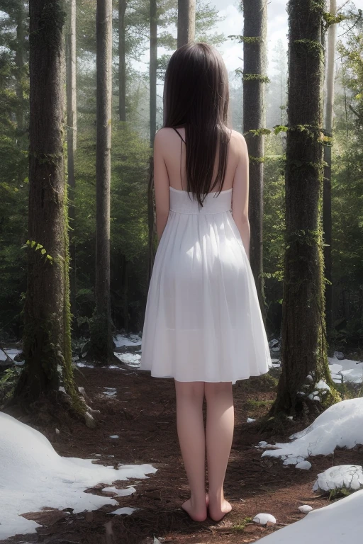 A short girl from the back with long brown hair, in a long snow-white dress with some small blood stains and barefoot in a forest with a clear sky background