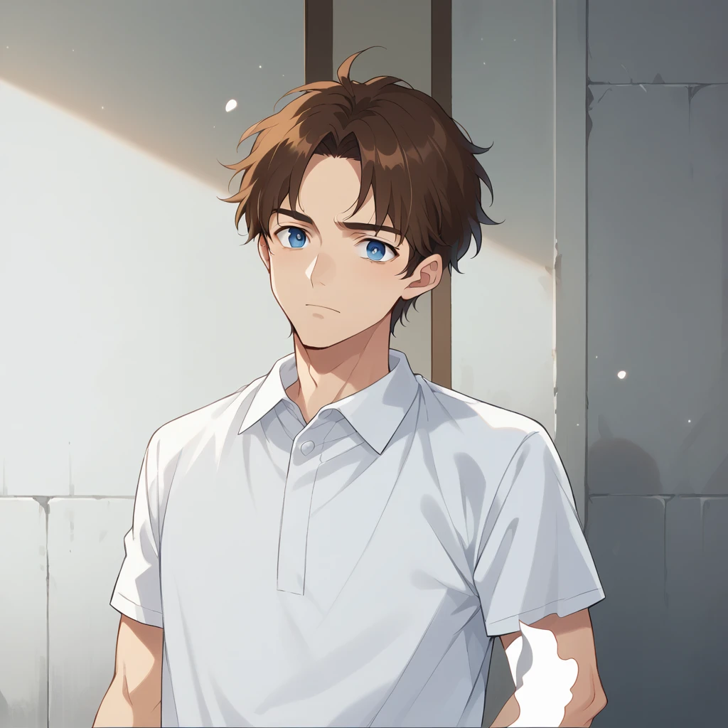 blue eyes and brown hair、Anime boy in a white shirt, Tall anime guy with blue eyes, Semi-realistic anime, In games, Smooth anime CG art, Anime Handsome Man, Semi-realistic anime, main character, Inspired by Hisui Sugiura, Male Anime Characters, He has short, curly brown hair, Visual Novel CG, Male characters, Young Anime Guy