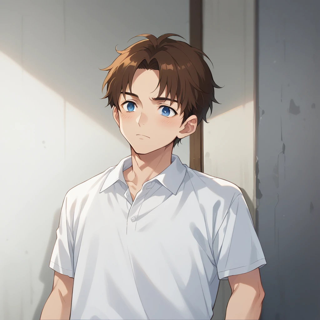 blue eyes and brown hair、Anime boy in a white shirt, Tall anime guy with blue eyes, Semi-realistic anime, In games, Smooth anime CG art, Anime Handsome Man, Semi-realistic anime, main character, Inspired by Hisui Sugiura, Male Anime Characters, He has short, curly brown hair, Visual Novel CG, Male characters, Young Anime Guy