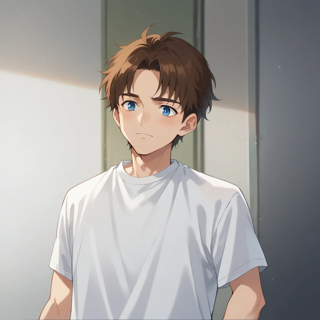 blue eyes and brown hair、Anime boy in a white shirt, Tall anime guy with blue eyes, Semi-realistic anime, In games, Smooth anime CG art, Anime Handsome Man, Semi-realistic anime, main character, Inspired by Hisui Sugiura, Male Anime Characters, He has short, curly brown hair, Visual Novel CG, Male characters, Young Anime Guy