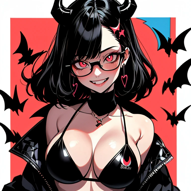 (Highest quality)Demon Anime Girl,Black-haired,drooping eyes,bikini,Open jacket,Huge half up,Grinning face,Glasses、whole body