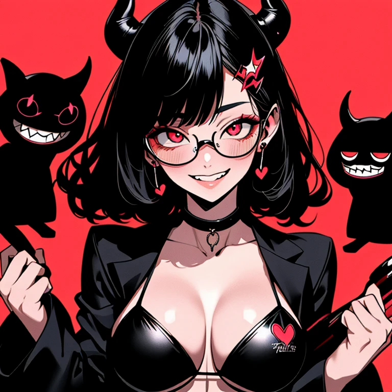 (Highest quality)Demon Anime Girl,Black-haired,drooping eyes,bikini,Open jacket,Huge half up,Grinning face,Glasses、whole body