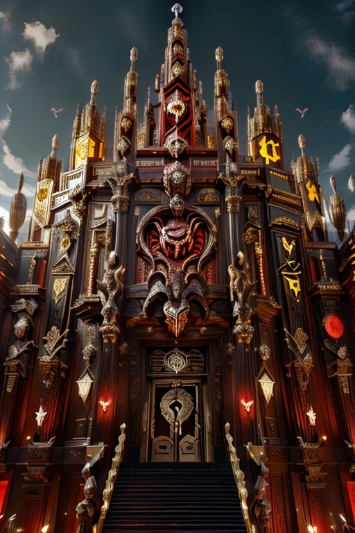 Exterior of the huge palace, design aggressivo, ((scorpion theme)), cyberpunk stile, ((exterior full view)), red black gold colors, Ultra realistic, very high definition , alto come un grattacielo