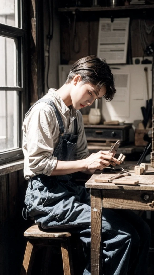 A small, modest workshop with simple tools and equipment. A young man working diligently on an electrical device. Early 20th century, sepia tone.
