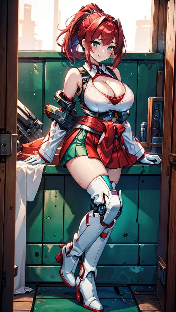 18-year-old girl，Baby Face，Crimson short-haired，ponytail hairstyle，Smile，Huge breasts，cleavage，Sheer red sleeveless top，Leave space in the middle to reveal cleavage，Soaked all over，Blushing，green eyes，Female spy，Red miniskirt，White gloves，White hand sleeves，White boots，Science fiction，Future，Inside the mecha combat robot warehouse，robot driver，Pistol hanging on waist，No bangs，Wearing earrings only on one side，Lipstick
