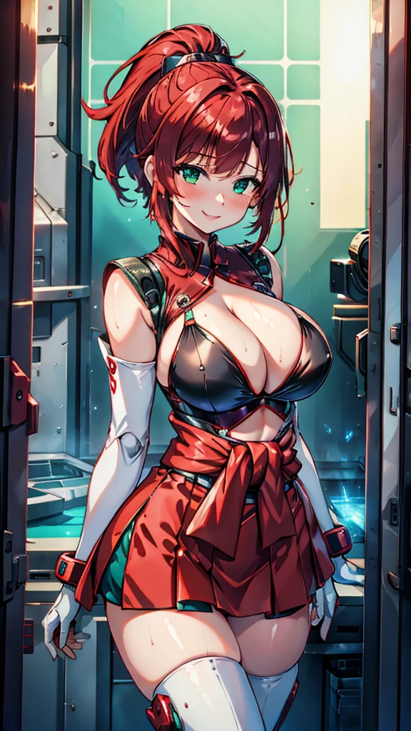 18-year-old girl,Baby Face,Crimson short-haired,ponytail hairstyle,Smile,Huge breasts,cleavage,Sheer red sleeveless top,Leave space in the middle to reveal cleavage,Soaked all over,Blushing,green eyes,Female spy,Red miniskirt,White gloves,White hand sleeves,White boots,Science fiction,Future,Inside the mecha combat robot warehouse,robot driver,Pistol hanging on waist,No bangs,Wearing earrings only on one side,Lipstick
