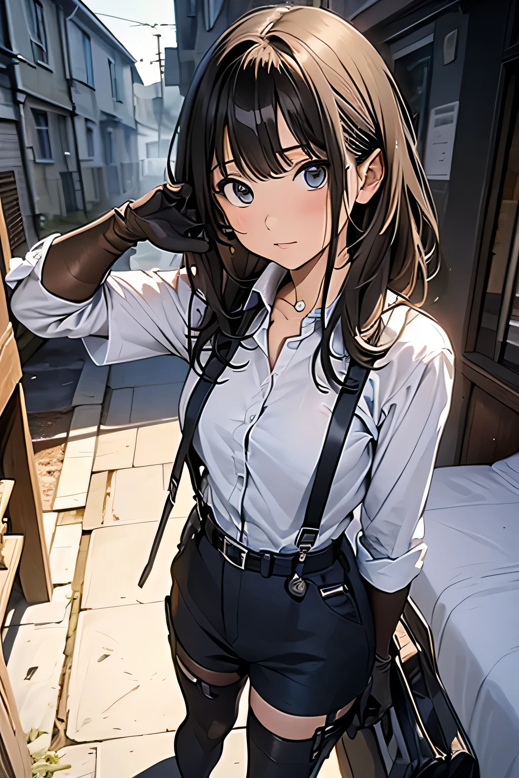 high quality, masterpiece, Ultra-high resolution, (realism: 1.4), Oil painting style, Cinema Lighting, An endless grassland dotted with a few houses, I stood on the empty asphalt road and looked at it., Fairy Mountain々was shrouded in mist, And the suspenders with the cranes flying Moderate breasts Small face holster Lying in bed Looking up Sweat belt summer 脇Sweat Black Hole Gloves suit shirt Black jacket Black trousers Leg Links ズボンにbelt holster Hands behind your back Anxious expression Looking up Anxious face