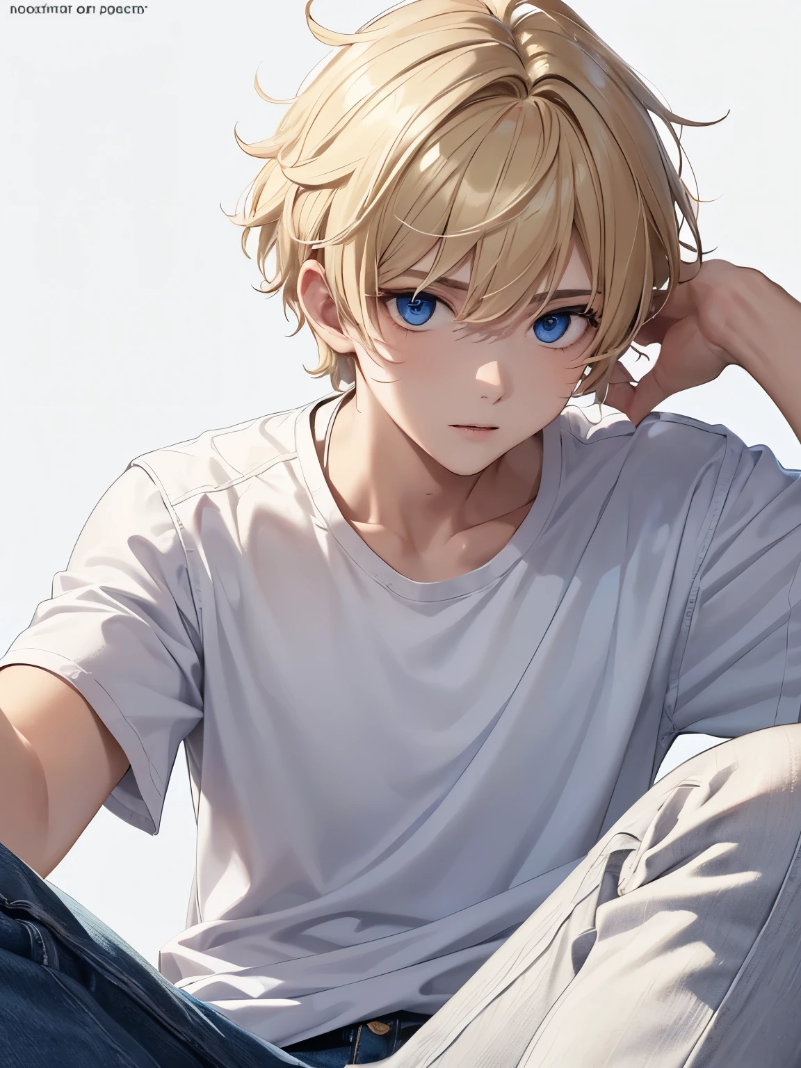 ung man,Werewolves,Sitting,18 years old,guy,messy hair style,blonde hair, white shirt,short hair, white trousers,ultra detail, perfect face, hd face, detailed face, masterpiece ,blue eyes, close up photo
