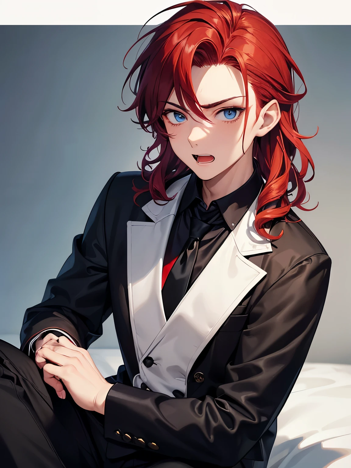 ung man,Werewolves,Sitting,Surprised expression,Shocked expression,visible teeth, ,18 years old,guy,undercut hair style,red hair, Curly hair, long hair,black shirt, red tie,black trousers,ultra detail, perfect face, hd face, detailed face, masterpiece ,blue eyes, close up photo 
