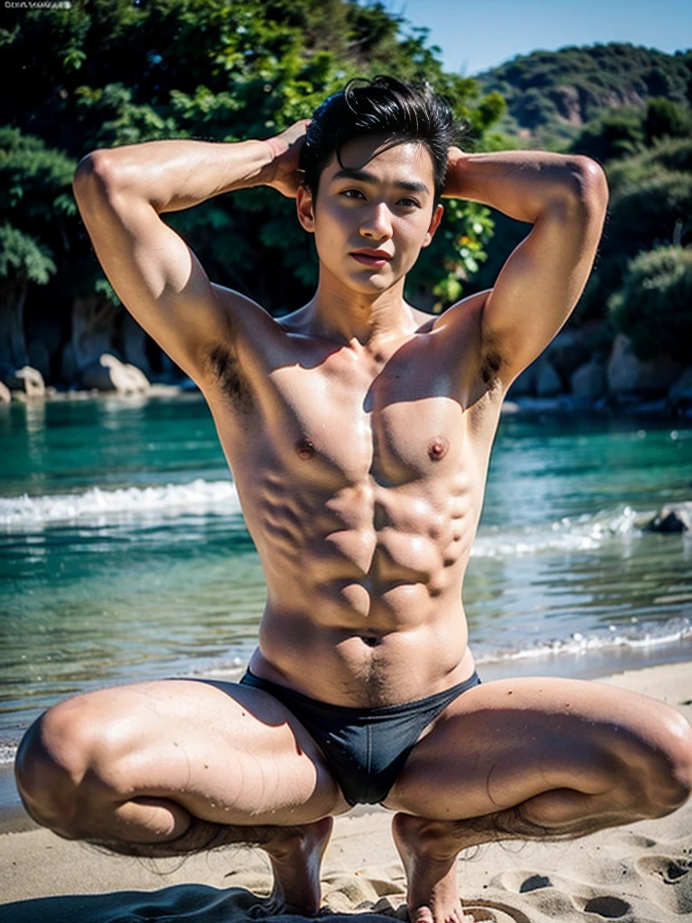 Realistic photography, 8k , handsome young muscular Korean man, wearing no shirt , wearing only black thong, beach, squating, lifted arms, spread legs
